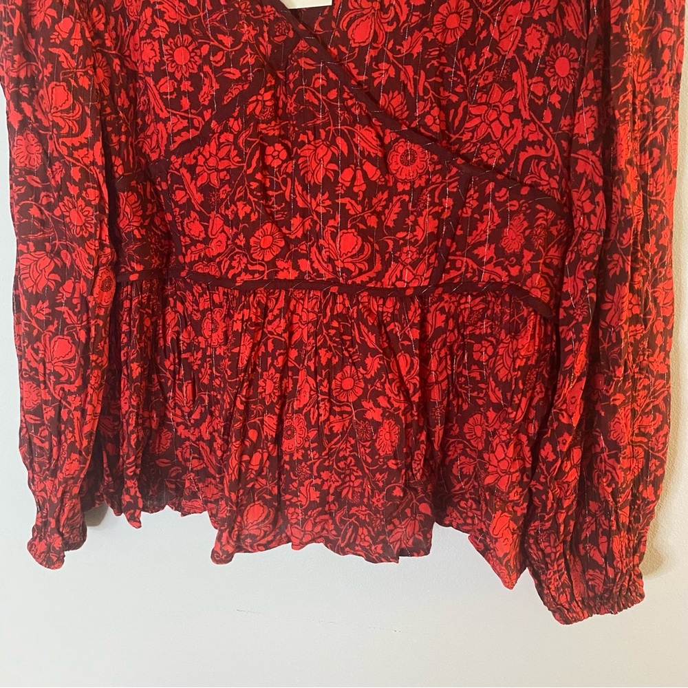 Knox Rose Red Floral Peplum Blouse Long Sleeve Balloon Size XXL - Picture 5 of 11